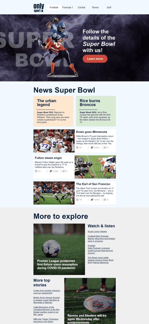 Modelo de E-mail de «Sport Blog» de Super Bowl para a indústria de Esportes Visualização de dispositivo móvel
