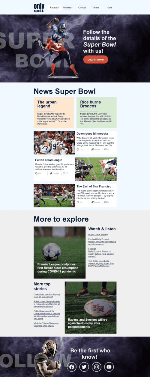 Modelo de E-mail de «Sport Blog» de Super Bowl para a indústria de Esportes Visualização de dispositivo móvel