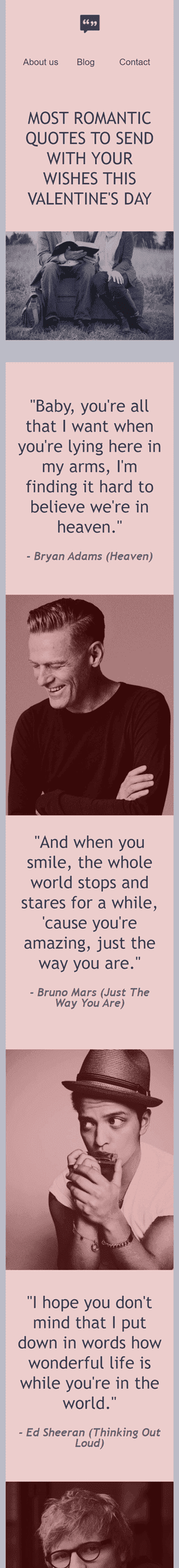 Modelo de E-mail de «Citações românticas» de Dia dos Namorados para a indústria de Publicações & Blogs Visualização de dispositivo móvel