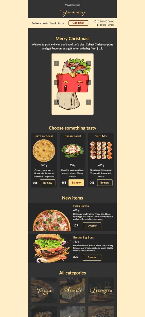 Plantilla de correo electrónico «Pizza navideña» de Navidad para la industria de Gastronomía Vista de móvil