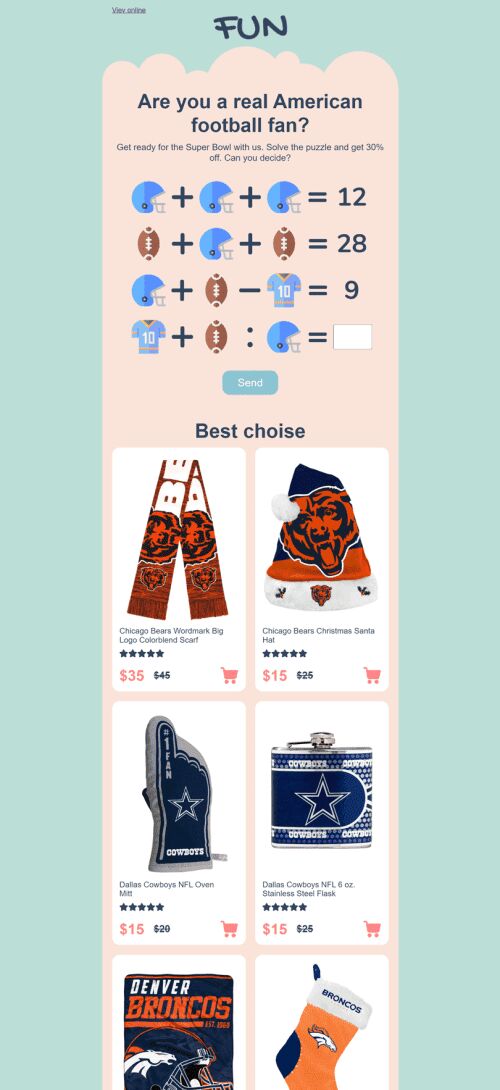 Modelo de E-mail de «Diversão» de Super Bowl para a indústria de Esportes Visualização de dispositivo móvel