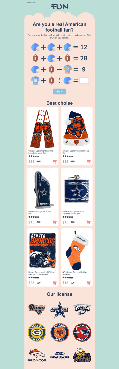 Super Bowl Email Template «Fun» for Sports industrydesktop view