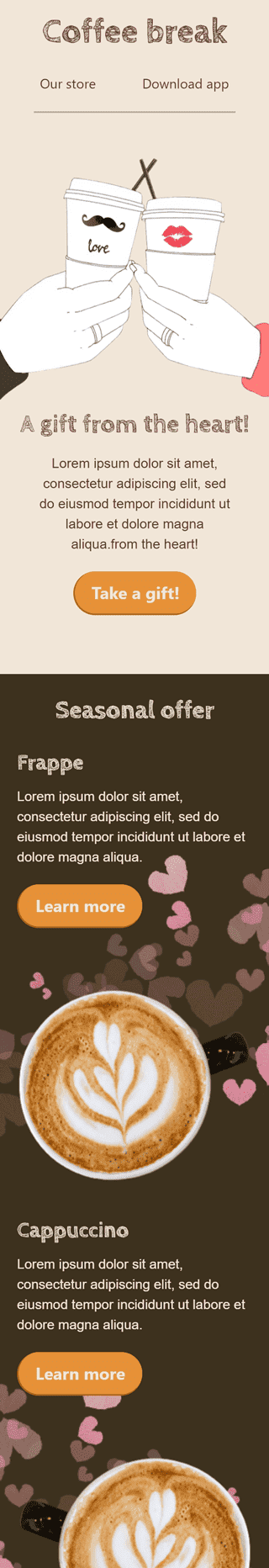 Modelo de E-mail de «Pausa para o café» de Dia dos Namorados para a indústria de Bebidas Visualização de dispositivo móvel