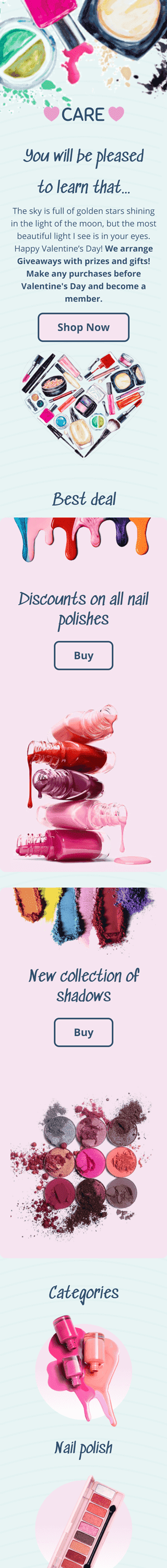 Modelo de E-mail de «Cuidado» de Dia dos Namorados para a indústria de Beleza e Cuidados Pessoais Visualização de dispositivo móvel