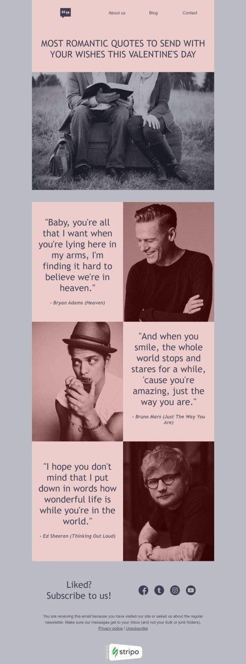 Modello Email San Valentino «Citazioni romantiche» per il settore industriale di Editoria e blog Visualizzazione mobile