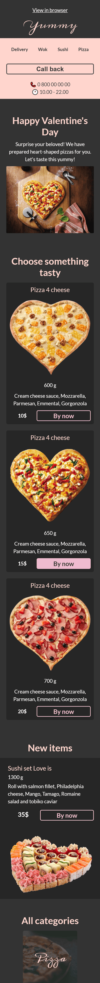 Modelo de E-mail de «Coração de pizza» de Dia dos Namorados para a indústria de Alimentação Visualização de dispositivo móvel