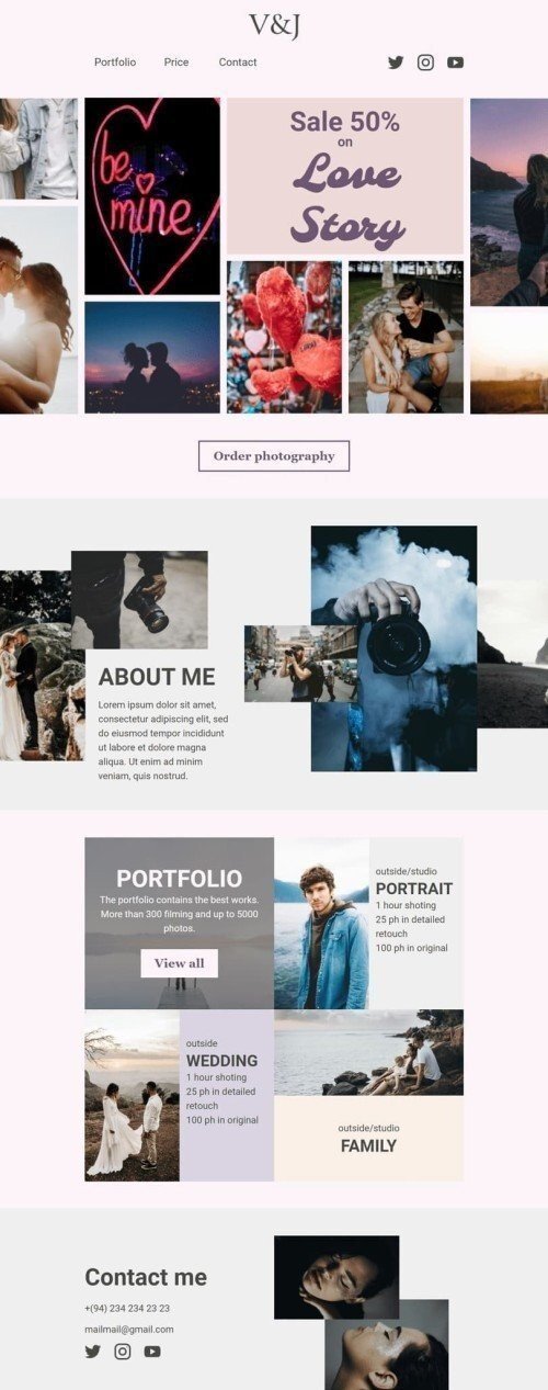 Valentine’s Day Email Template «Love story» for Photographer industrydesktop view