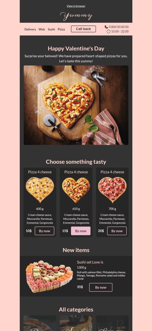 Modèle de courrier électronique Saint Valentin «Coeur de pizza» pour le secteur Nourriture Affichage mobile