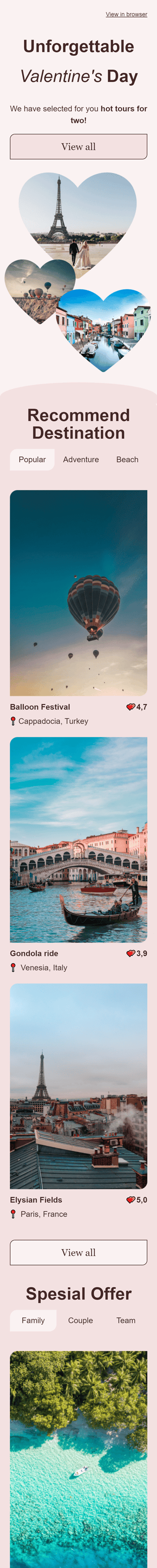 Modèle de courrier électronique Saint Valentin «Voyage inoubliable» pour le secteur Tourisme Affichage mobile