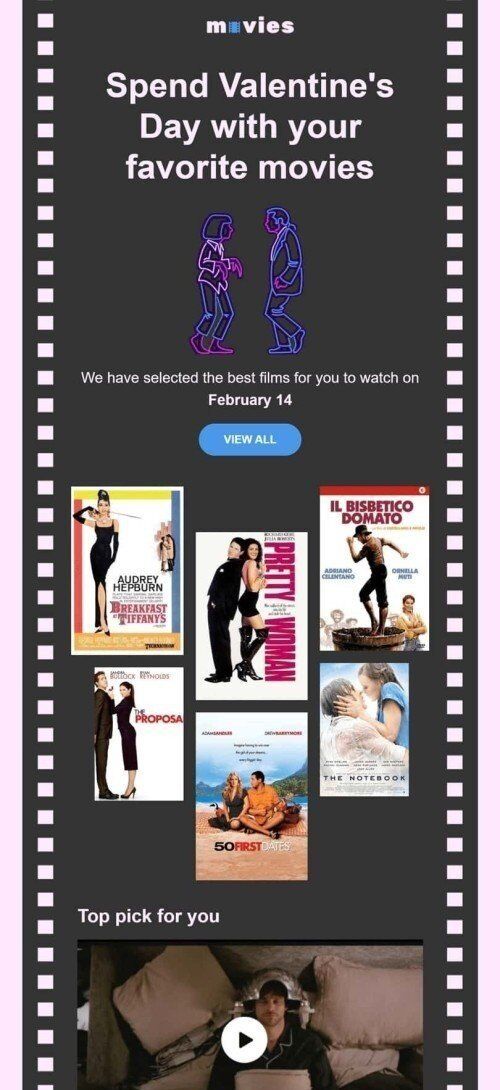 Plantilla de correo electrónico «Películas románticas» de Día de San Valentín para la industria de Películas Vista de móvil