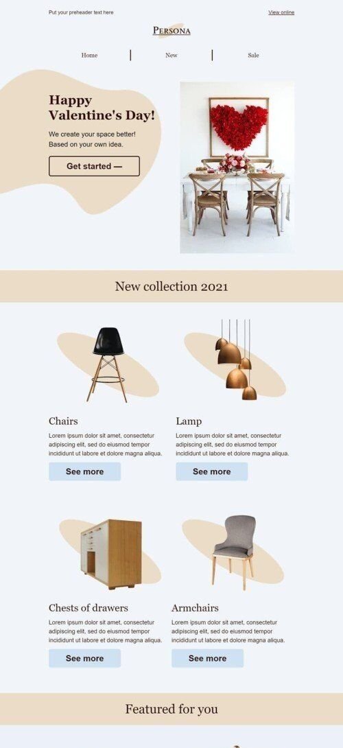 Plantilla de correo electrónico «Diseño romántico» de Día de San Valentín para la industria de Muebles, interior y bricolaje Vista de móvil
