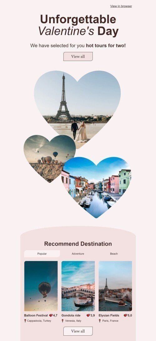 Modèle de courrier électronique Saint Valentin «Voyage inoubliable» pour le secteur Tourisme Affichage mobile