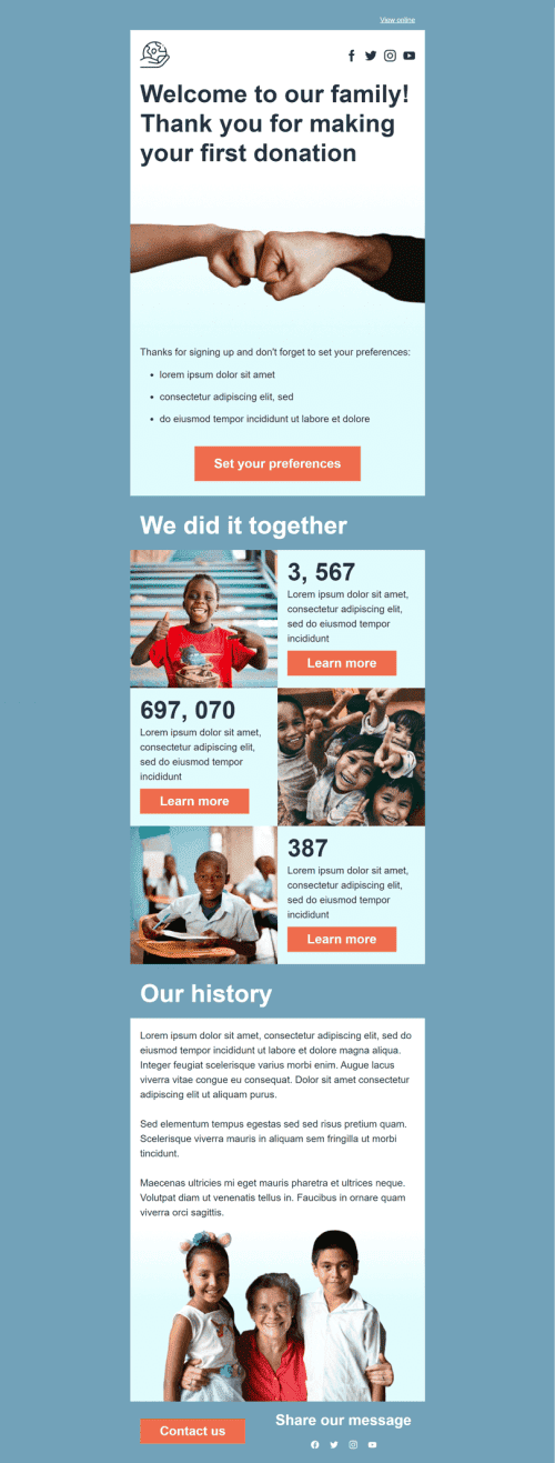 Modello Email Benvenuto «Prima donazione» per il settore industriale di No profit e beneficenza Visualizzazione mobile