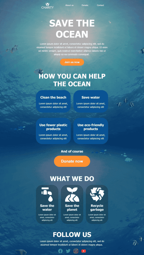 Modèle de courrier électronique Promo «Sauvez l'océan» pour le secteur Association à but non lucratif et caritative Affichage ordinateur