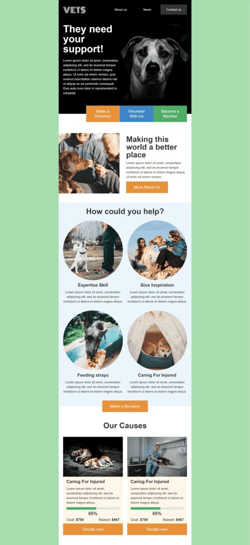 Plantilla de correo electrónico «Veterinarios» de Promoción para la industria de Sin fines de lucro y caridad Vista de móvil