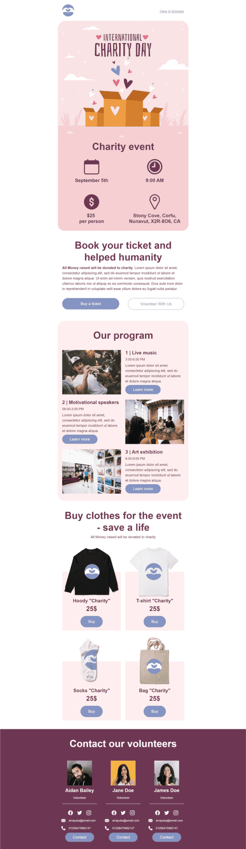 Modello Email Promo «Giornata internazionale di beneficenza» per il settore industriale di No profit e beneficenza Visualizzazione mobile