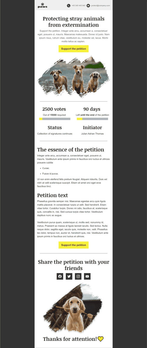 Modello Email Promo «Proteggere gli animali randagi» per il settore industriale di No profit e beneficenza Visualizzazione mobile