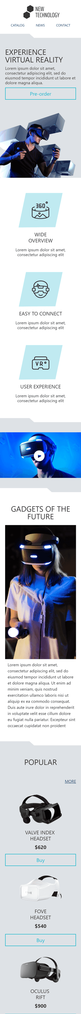 Промо шаблон письма «Виртуальная реальность» для индустрии «ПО и Технологии» мобильный вид