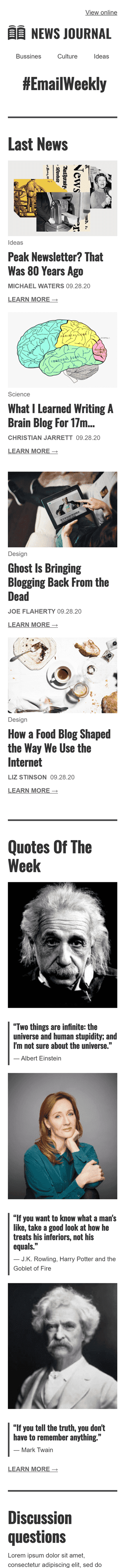 Modelo de E-mail de «Email semanal» de Promoção para a indústria de Publicações & Blogs Visualização de dispositivo móvel