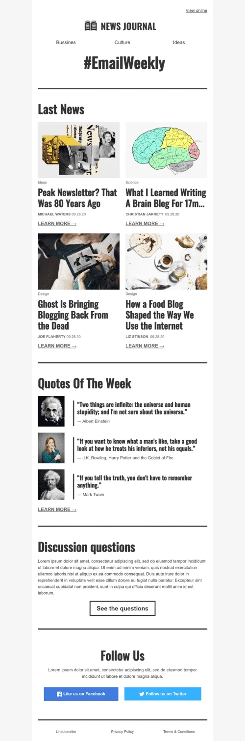 Promo Email Template «Email weekly» for Publications & Blogging industry