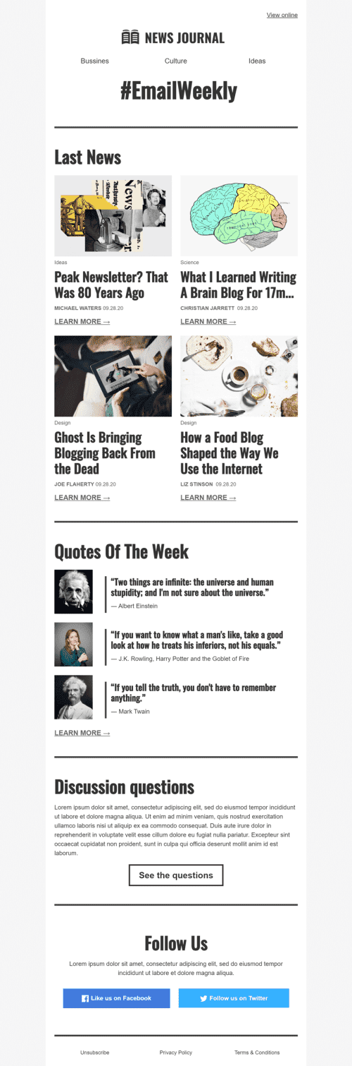 Modello Email Promo «Email settimanale» per il settore industriale di Editoria e blog Visualizzazione mobile