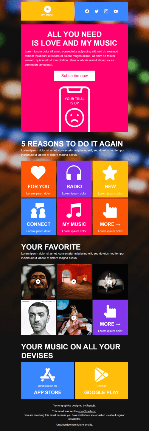 Benachrichtigungen E-Mail-Vorlage «Ende des Abonnements» für Musik-Branche Desktop-Ansicht
