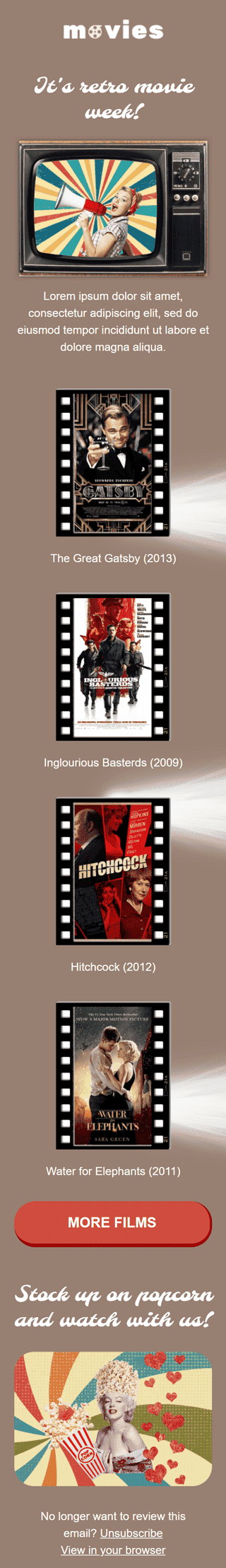 Промо шаблон письма «Неделя ретро-фильмов» для индустрии «Фильмы» мобильный вид