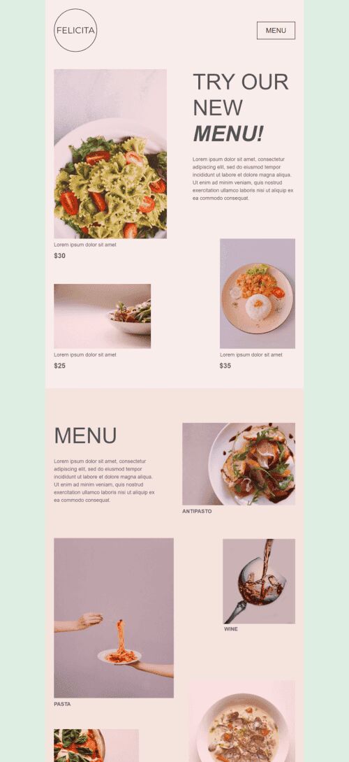 Plantilla de correo electrónico «Nuevo menu» de Promoción para la industria de Restaurantes Vista de móvil