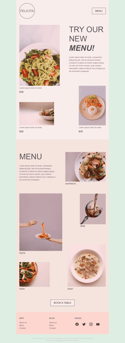 Promo Email Template «New menu» for Restaurants industrydesktop view