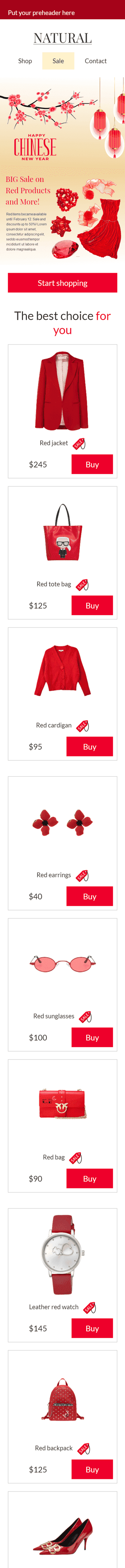 Chinesisches Neujahr E-Mail-Vorlage «Verkauf auf rot» für Mode-Branche Ansicht auf Mobilgeräten