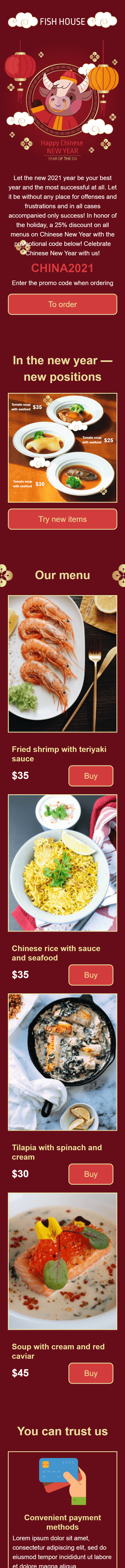 Modello Email Capodanno cinese «Casa dei pesci» per il settore industriale di Cibo Visualizzazione mobile