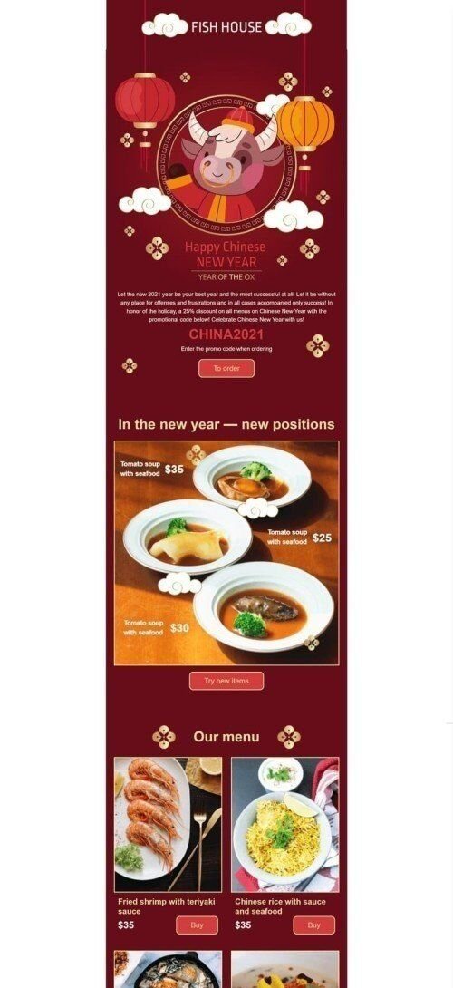 Plantilla de correo electrónico «Casa de pescado» de Año Nuevo Chino para la industria de Gastronomía Vista de móvil