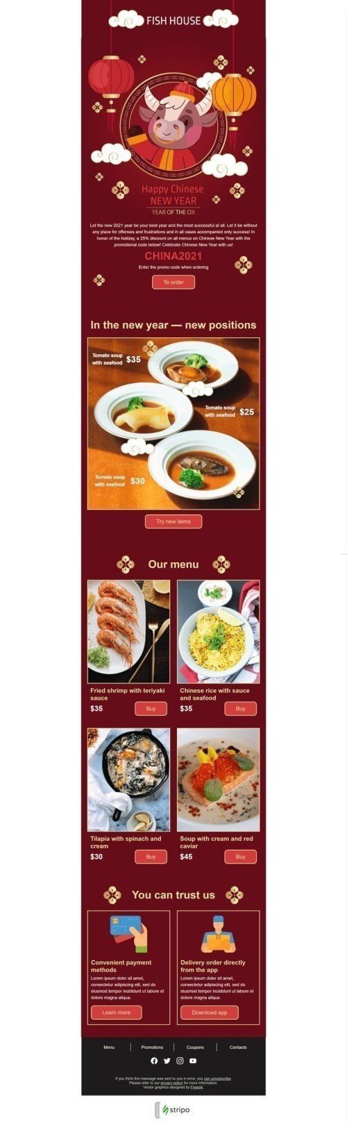 Plantilla de correo electrónico «Casa de pescado» de Año Nuevo Chino para la industria de Gastronomía Vista de móvil