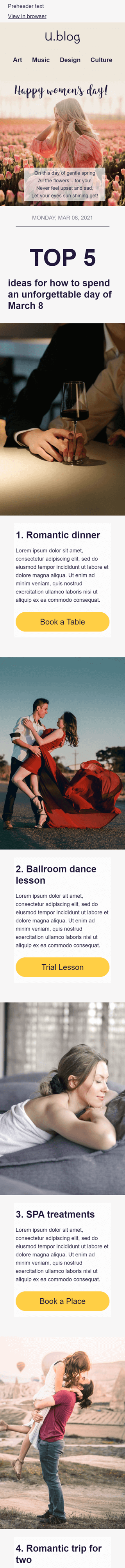 Modelo de E-mail de «Dia inesquecível 8 de março» de Dia da Mulher para a indústria de Publicações & Blogs Visualização de dispositivo móvel