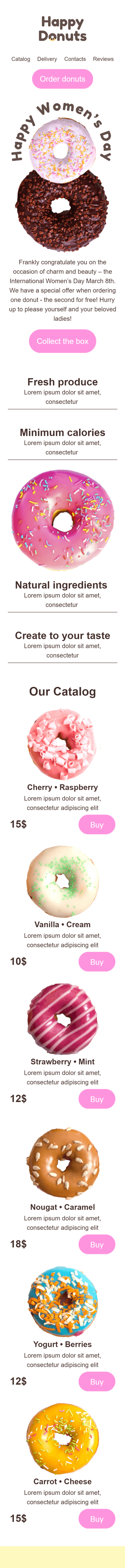 Шаблон письма к празднику Женский день «Счастливые пончики» для индустрии «Еда» мобильный вид