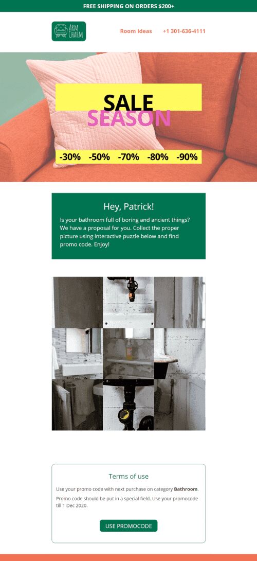Modello Email Vendite «Fascino del braccio» per il settore industriale di Arredamento, interni e fai da te Visualizzazione mobile