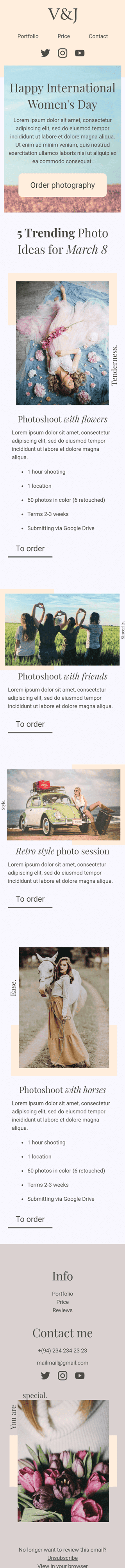 Шаблон листа до свята Жіночий день «Модна ідея для фото» для індустрії «Фотографія» мобільний вигляд