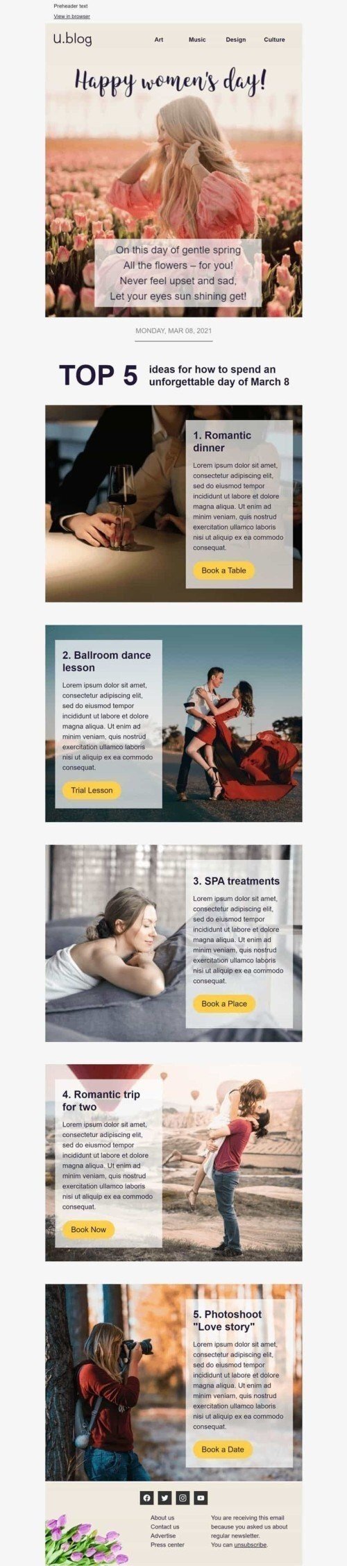 Modelo de E-mail de «Dia inesquecível 8 de março» de Dia da Mulher para a indústria de Publicações & Blogs Visualização de desktop