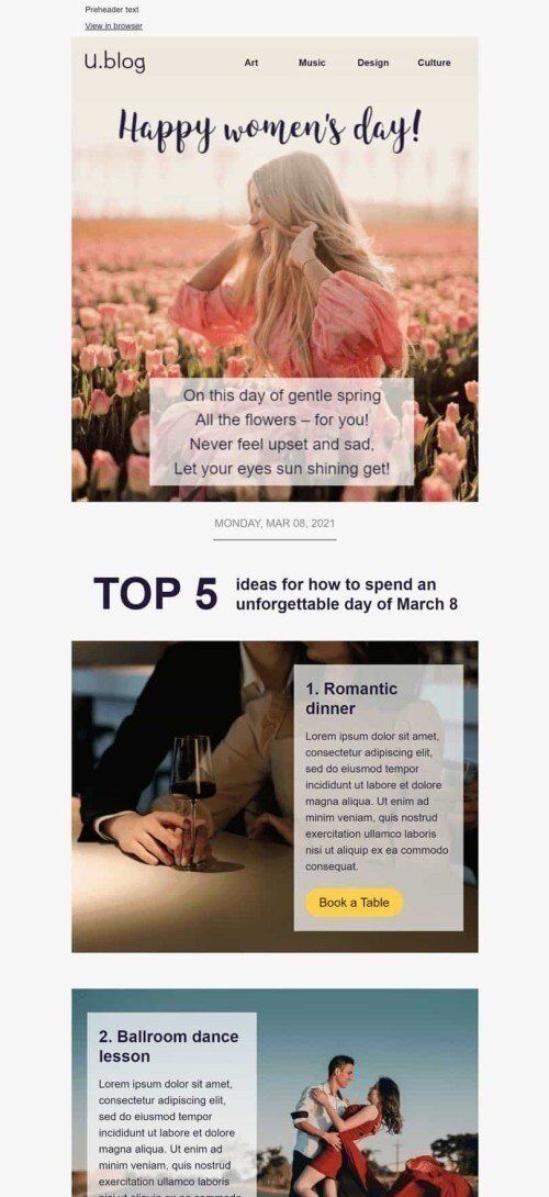 Plantilla de correo electrónico «Día inolvidable 8 de marzo» de Día de la Mujer para la industria de Publicaciones y blogs Vista de móvil