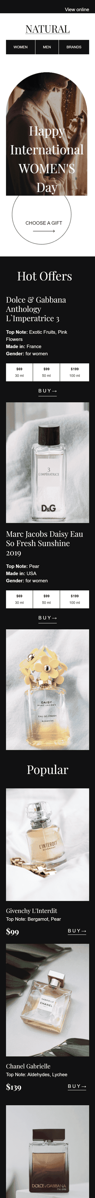 Modelo de E-mail de «Os melhores perfumes» de Dia da Mulher para a indústria de Beleza e Cuidados Pessoais Visualização de dispositivo móvel