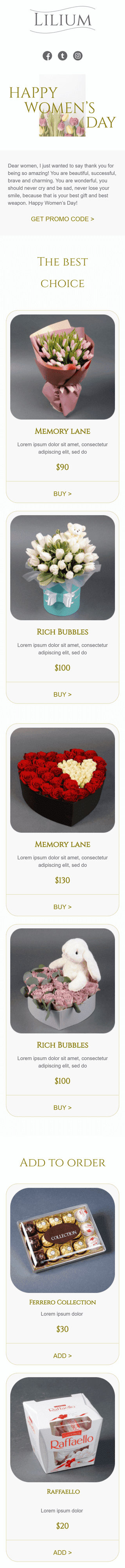 Modelo de E-mail de «Lilium» de Dia da Mulher para a indústria de Presentes e Flores Visualização de dispositivo móvel