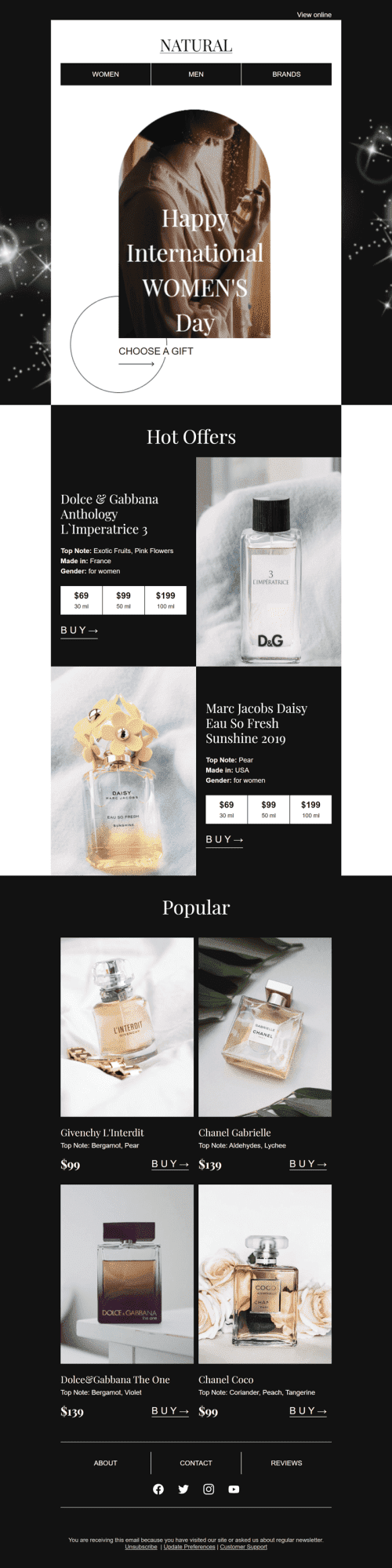 Modelo de E-mail de «Os melhores perfumes» de Dia da Mulher para a indústria de Beleza e Cuidados Pessoais Visualização de desktop