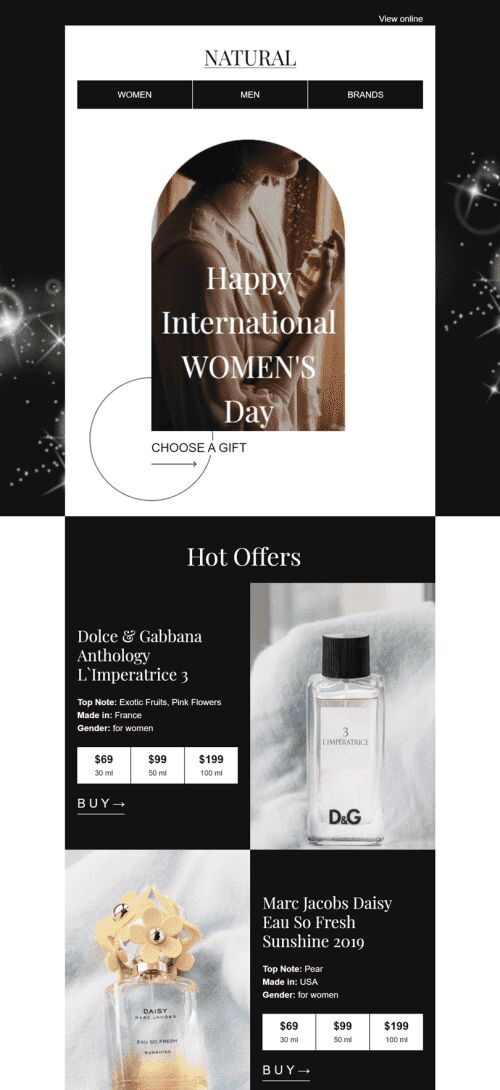 Plantilla de correo electrónico «Los mejores perfumes» de Día de la Mujer para la industria de Belleza y cuidado personal Vista de móvil