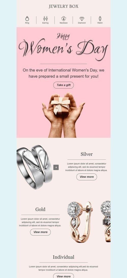 Women's Day Email Template "Jewelry box" for Jewelry industry mobile view