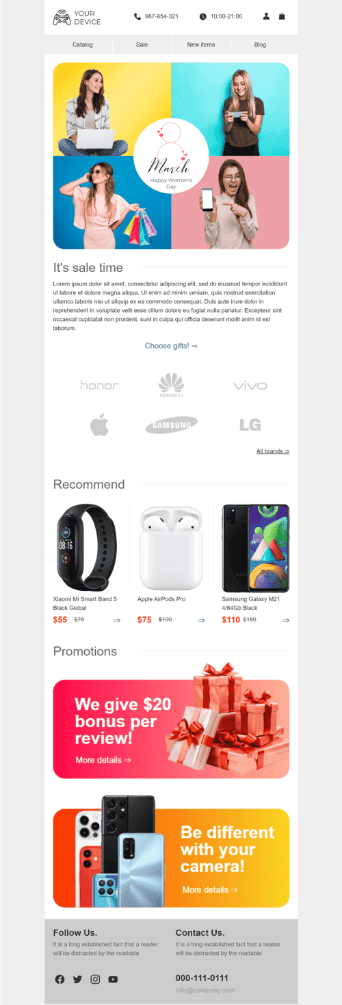 Plantilla de correo electrónico «Tu dispositivo» de Día de la Mujer para la industria de Gadget Vista de móvil