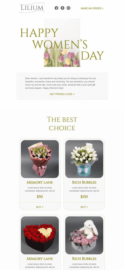 Plantilla de correo electrónico «Lilium» de Día de la Mujer para la industria de Regalos y flores Vista de móvil