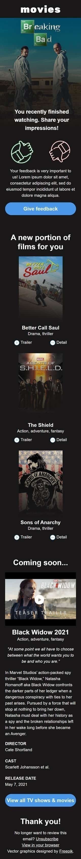 Шаблон листа «Поділіться своїми враженнями» тематики Опитування та Зворотній зв'язок для індустрії «Фільми» мобільний вигляд