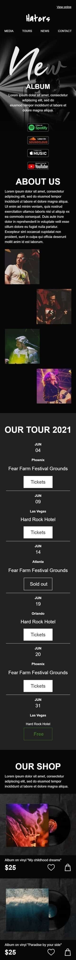 Plantilla de correo electrónico «Nuevo album» de Promoción para la industria de Música Vista de móvil