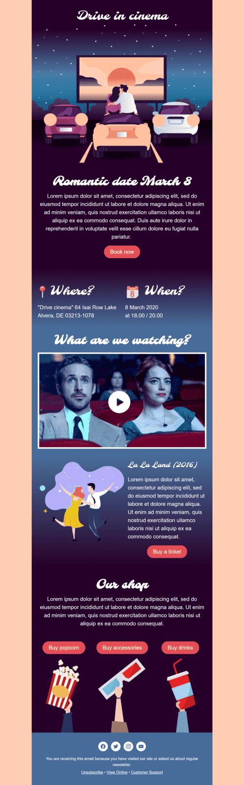 Plantilla de correo electrónico «Cine de coches» de Día de la Mujer para la industria de Películas Vista de móvil