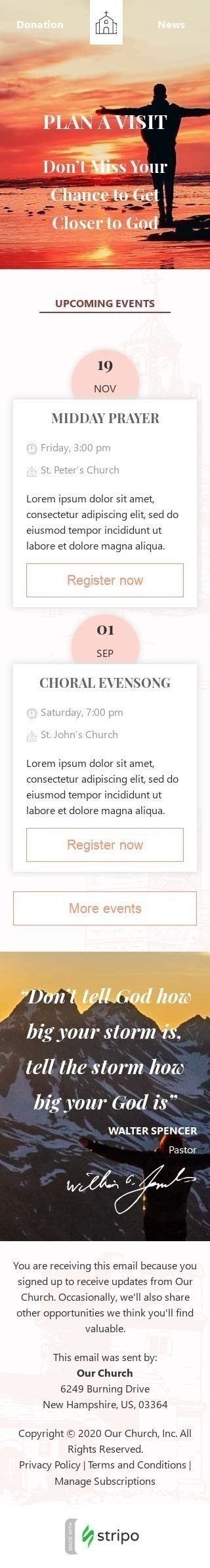 Promo Email Template «Plan a visit» for Church industry mobile view